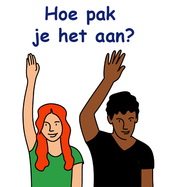 tekening met jongen en meisje met een hand omhoog