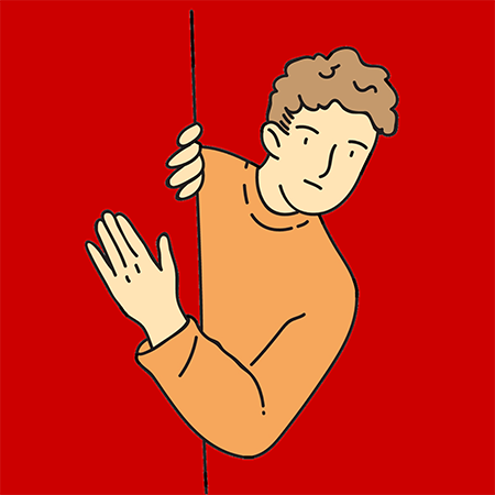 tekening van jongen kijkend om de deur