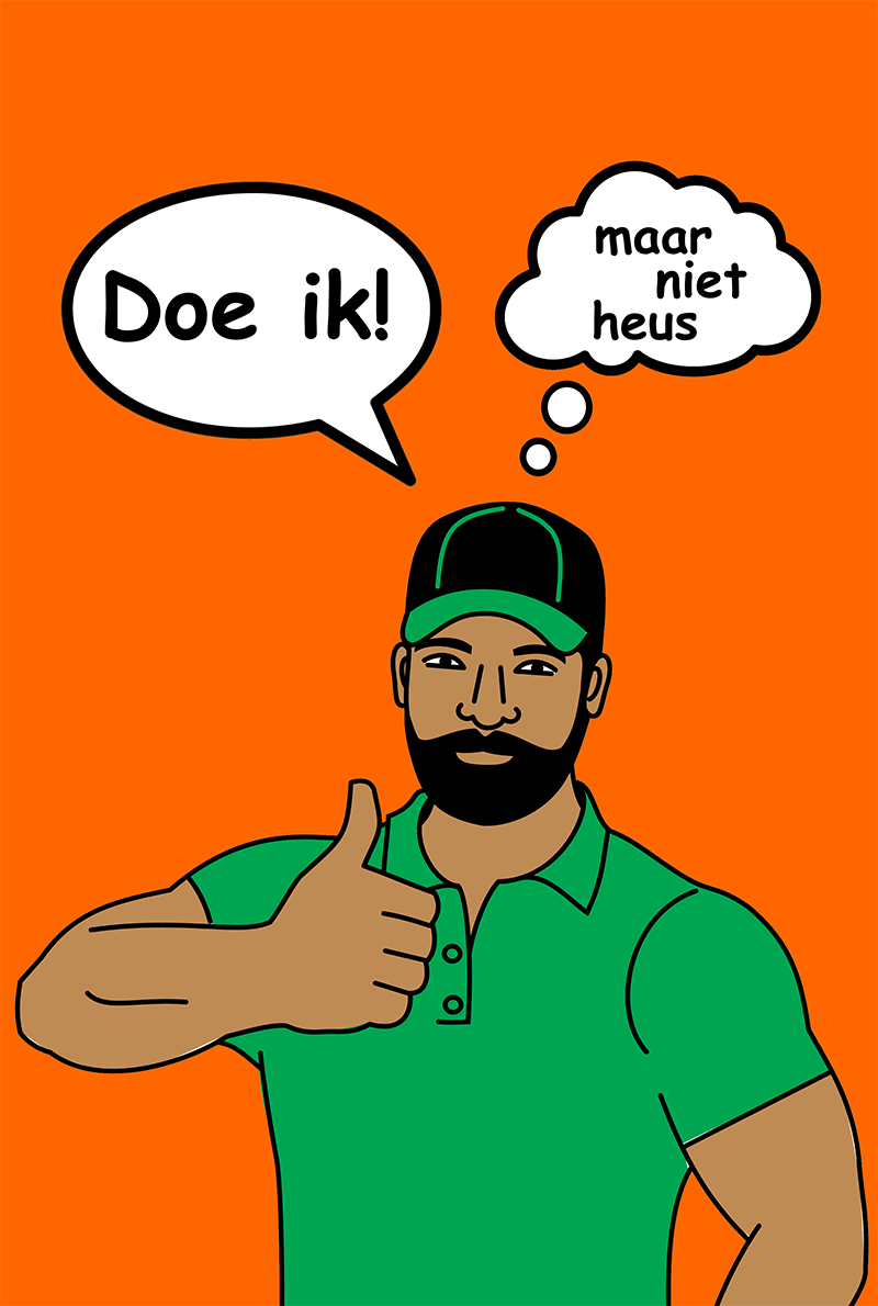 tekening van man met duim omhoog en 2 tekstballonnen