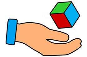 hand met zwevende gekleurde kubus