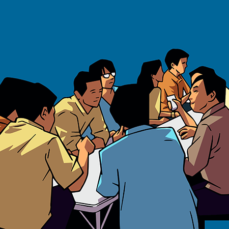 illustratie mensen aan tafel pratend