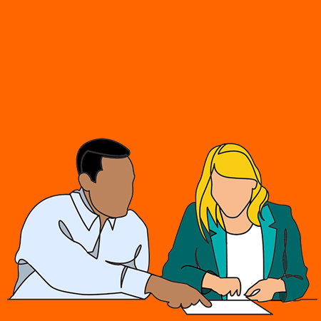 tekening van twee mensen die overleggen