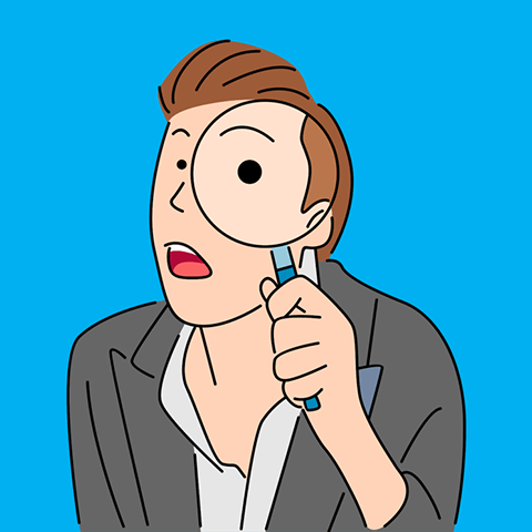 tekening jongen met loep voor rechter oog