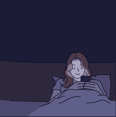 tekening meisje in bed met mobiel
