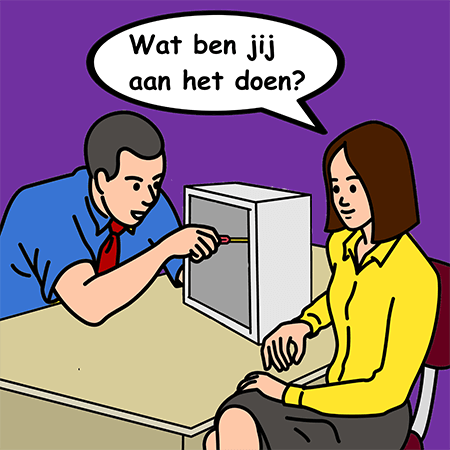 tekening man knutselt vrouw vraagt wat hij aan het doen is