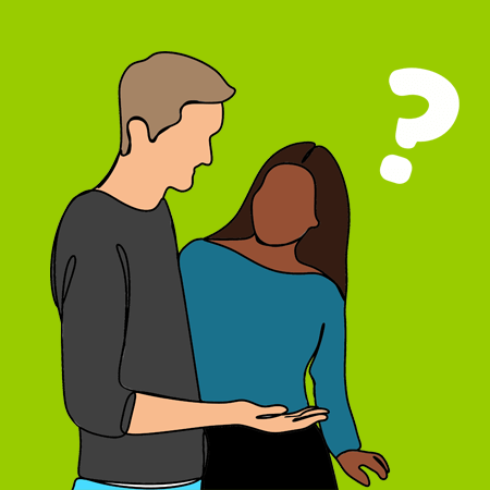 tekening  man en vrouw en vraagteken boven vrouw