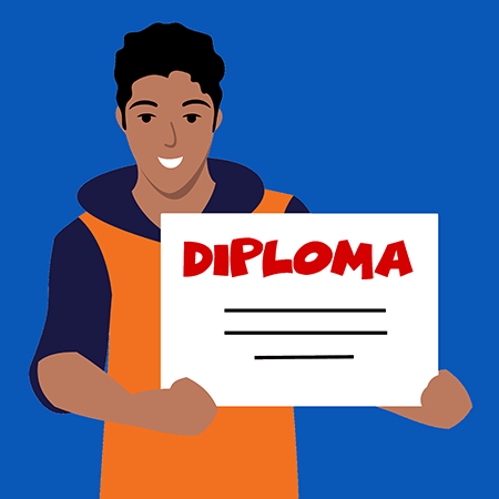 tekening  jongen toont trots diploma
