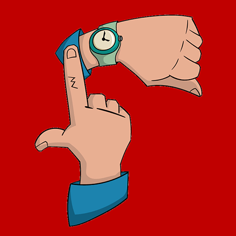 tekening  vinger naar arm met horloge